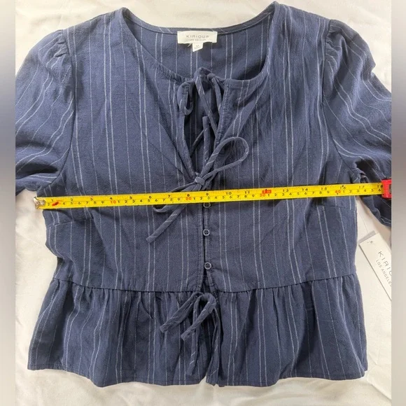 KIRIOUS LA Navy Pinstripe Tie Front Peplum Blouse Boho Cottagecore Top M NWT - Picture 8 of 11